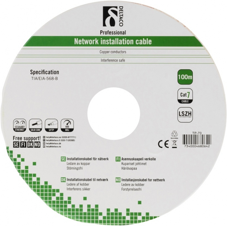 DELTACO S/FTP installationskabel Cat7, 100m, grå (TP-70) DELTACO S/FTP installationskabel Cat7, 100m, grå (TP-70)
