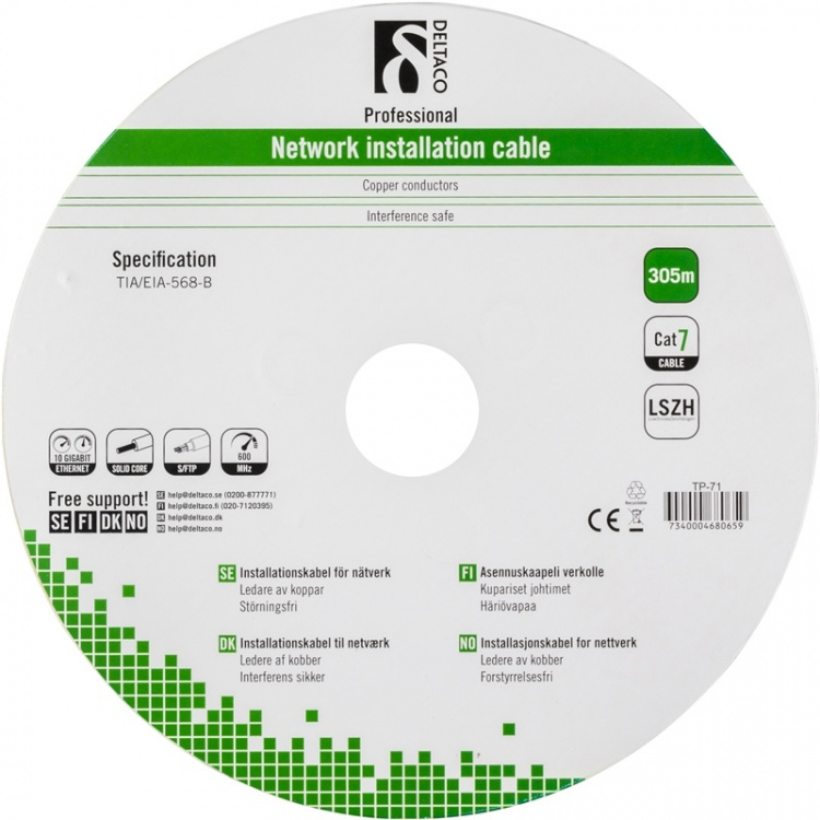 DELTACO S/FTP installationskabel Cat7, 305m, grå (TP-71)