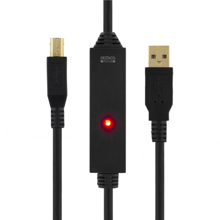 DELTACO PRIME USB 2.0 kabel Typ A hane - Typ B hane, aktiv, 5m, svart