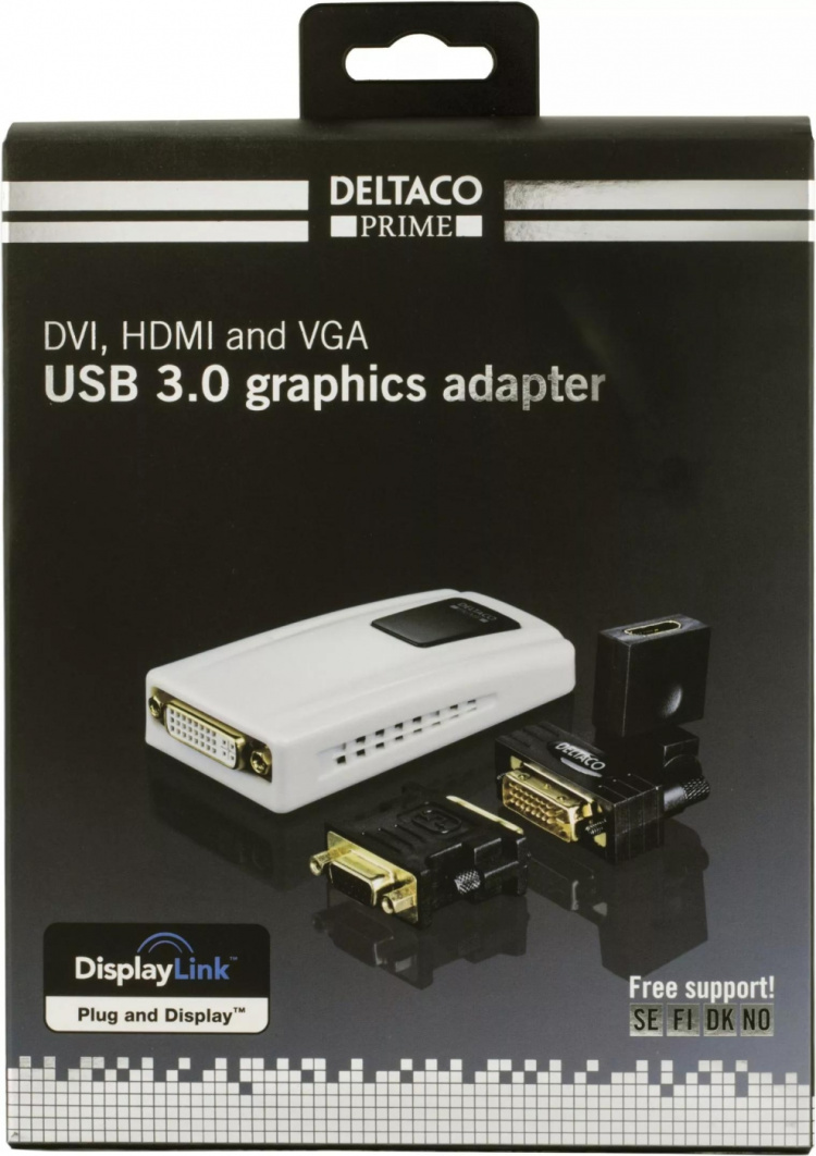DELTACO PRIME USB 3.0 till DVI/HDMI/VGA-adapter, 2048x1152, vit (USB3-DVI)