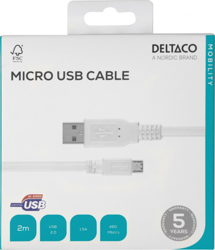 DELTACO USB 2.0 kabel Typ A ha - Typ Micro B ha, 5-pin, 2m, vit (MICRO-102)