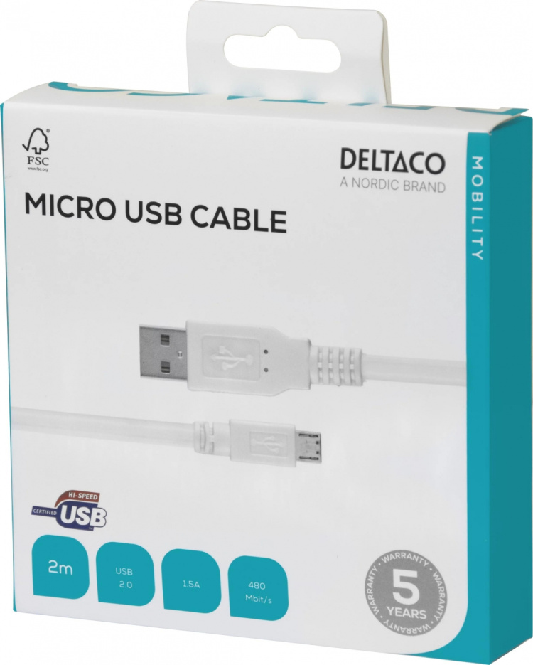 DELTACO USB 2.0 kabel Typ A ha - Typ Micro B ha, 5-pin, 2m, vit (MICRO-102)