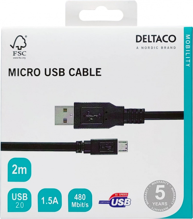 DELTACO USB 2.0 kabel Typ A ha - Typ Micro B ha, 5-pin, 2m, svart (MICRO-103) DELTACO USB 2.0 kabel Typ A ha - Typ Micro B ha, 5-pin, 2m, svart (MICRO-103)