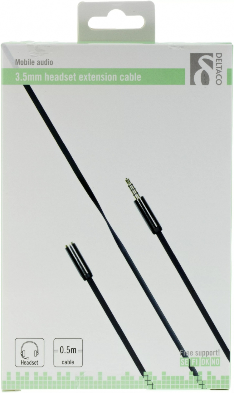 DELTACO ljudkabel, 3,5mm hane till 3,5mm hona, 0,5m, svart (AUD-110)