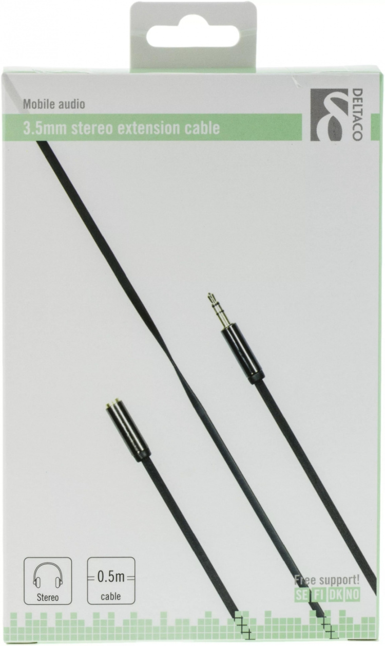 DELTACO ljudkabel, 3,5mm rak hane till 3,5mm hona, 4-pin, 0,5m, svart (AUD-150)