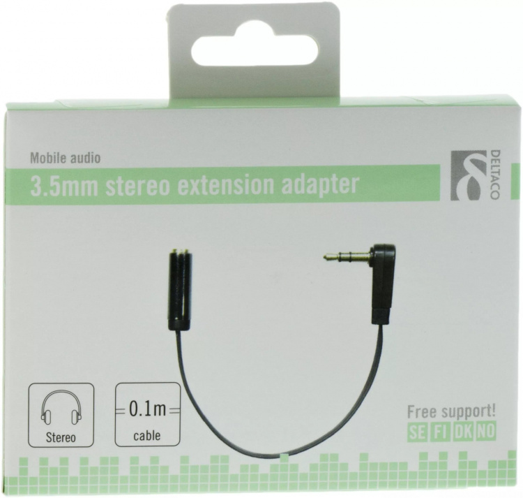 DELTACO vinklad 3,5mm hane till 3,5mm hona, 0,1 m, svart (AUD-203)