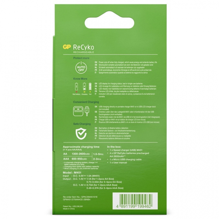 GP ReCyko M451 Laddare USB + 4xAA