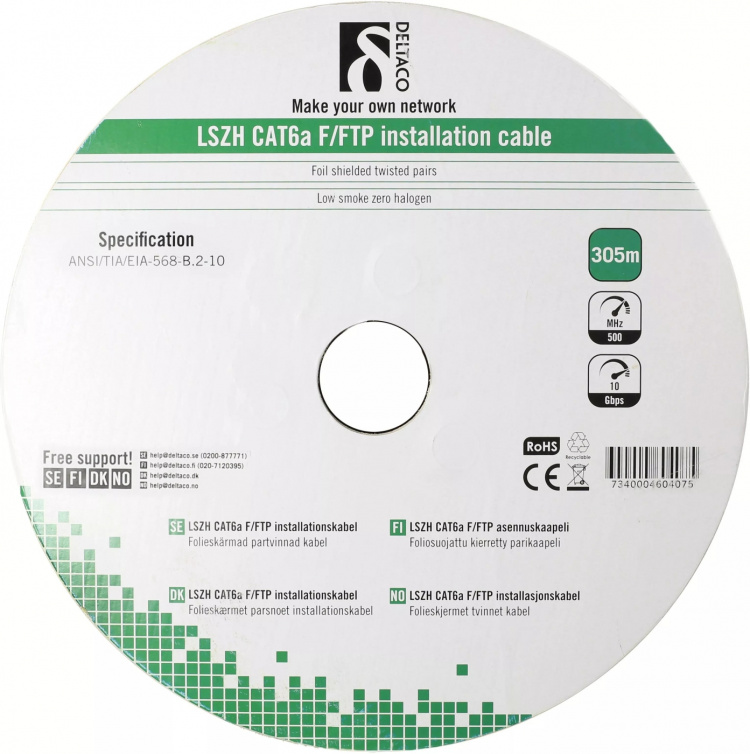 DELTACO F/FTP folieskärmad inst.kabel, Cat6a, LSZH, 305m rulle, vit (TP-51C)