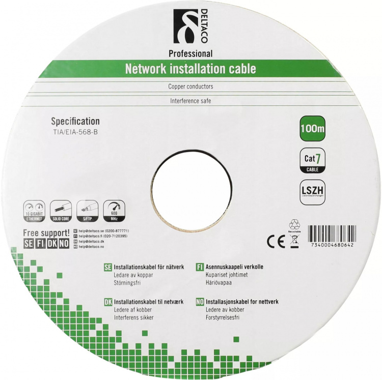 DELTACO S/FTP installationskabel Cat7, 100m, vit (TP-70C)