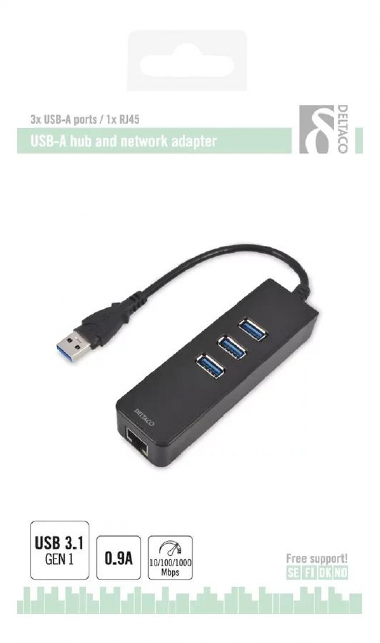 nätverksadapter, 1xGigabitRJ45, 1xUSB3 A ha, 3x USB3 ho, svart (Y-3045) nätverksadapter, 1xGigabitRJ45, 1xUSB3 A ha, 3x USB3 ho, svart (Y-3045)