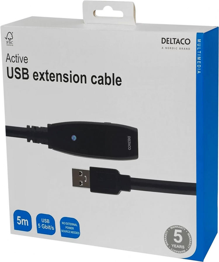 DELTACO PRIME aktiv USB 3.0-förlängningskabel, Typ A ha - ho, 5m, blå