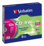 Verbatim CD-RW, 12x, 700 MB/80 min, 5-pack slim case, SERL, färgade (43167)