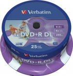 Verbatim DVD+R DL, 8x, 8,5 GB/240 min, 25-pack spindel, AZO, printable (43667)