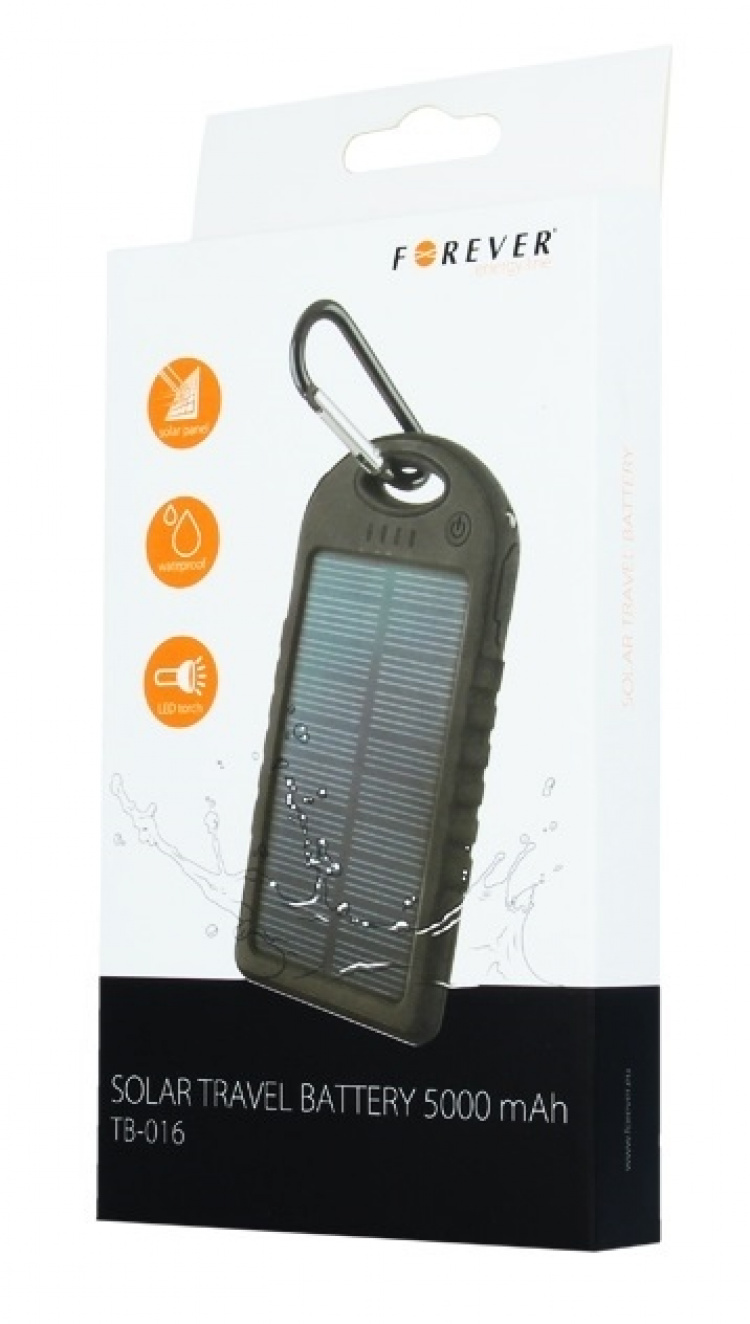 Forever STB-200 PowerBank, Solcell, 5000mAh - Svart