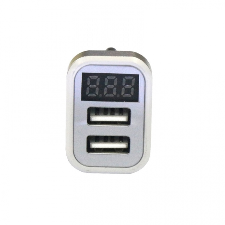 USB-billaddare med 2 USB-portar och display, Silver