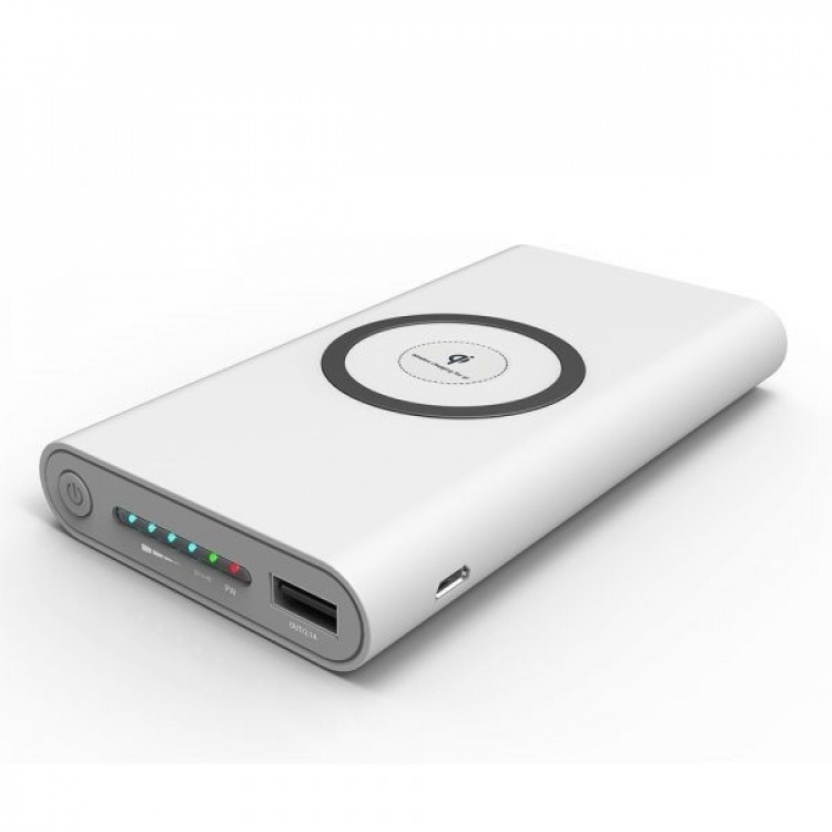 Powerbank 10000 mAh med trådlös laddning via Qi - Vit Powerbank 10000 mAh med trådlös laddning via Qi - Vit