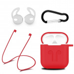 Silikon-kit till Airpods, Silikonfodral, Strap, Silikonsnäckor, Karbinhake, Röd Silikon-kit till Airpods, Silikonfodral, Strap, Silikonsnäckor, Karbinhake, Röd