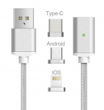 Magnetisk USB-kabel 3 i 1 - USB-C, Micro, Lightning (Silver)