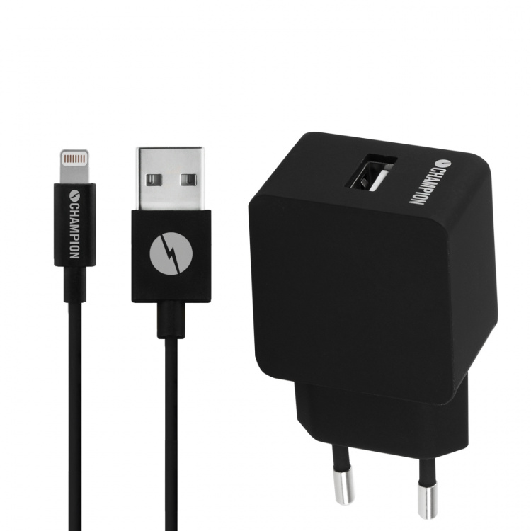 Champion Laddare 12W + USB-A till Lightning Kabel Svart