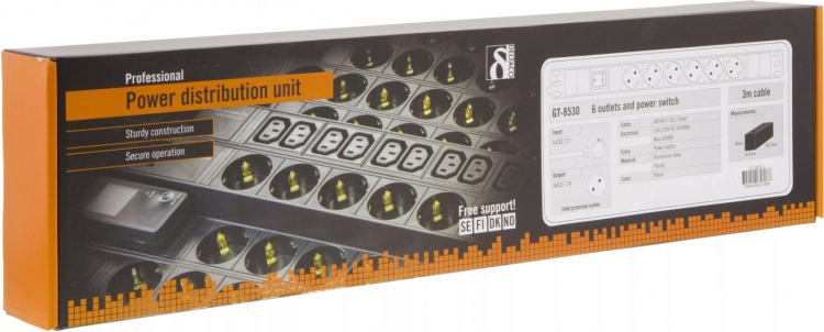 DELTACO Grenuttag, 6xCEE 7/4, 1xCEE 7/7, brytare, 3m kabel, svart (GT-8530)