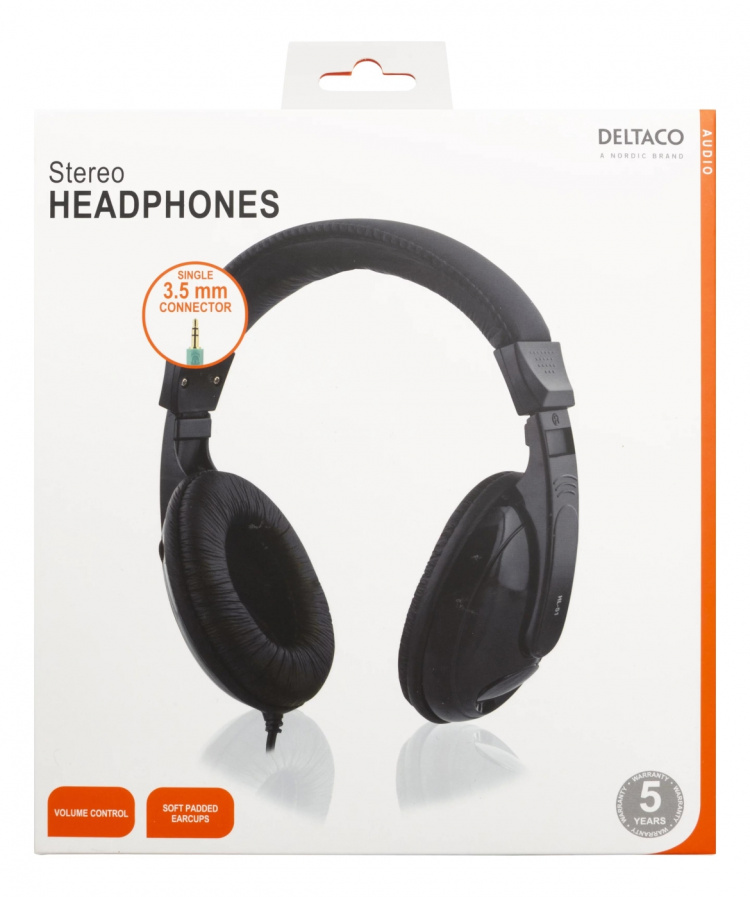 DELTACO hörlurar med volymkontroll 2,5m kabel, svart (HL-51)