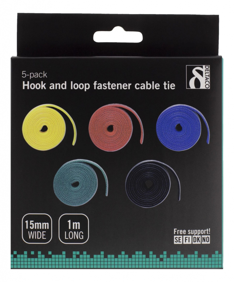 DELTACO kabelsorteringskit, kardborrband i olika färger, 5-pack (CM01)