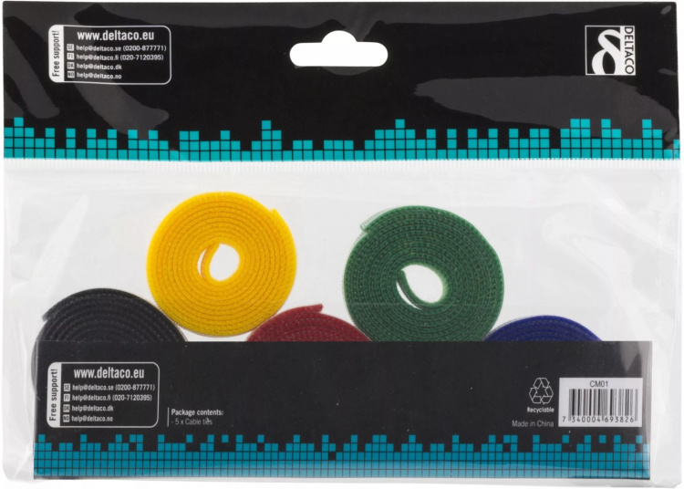 DELTACO kabelsorteringskit, kardborrband i olika färger, 5-pack (CM01)