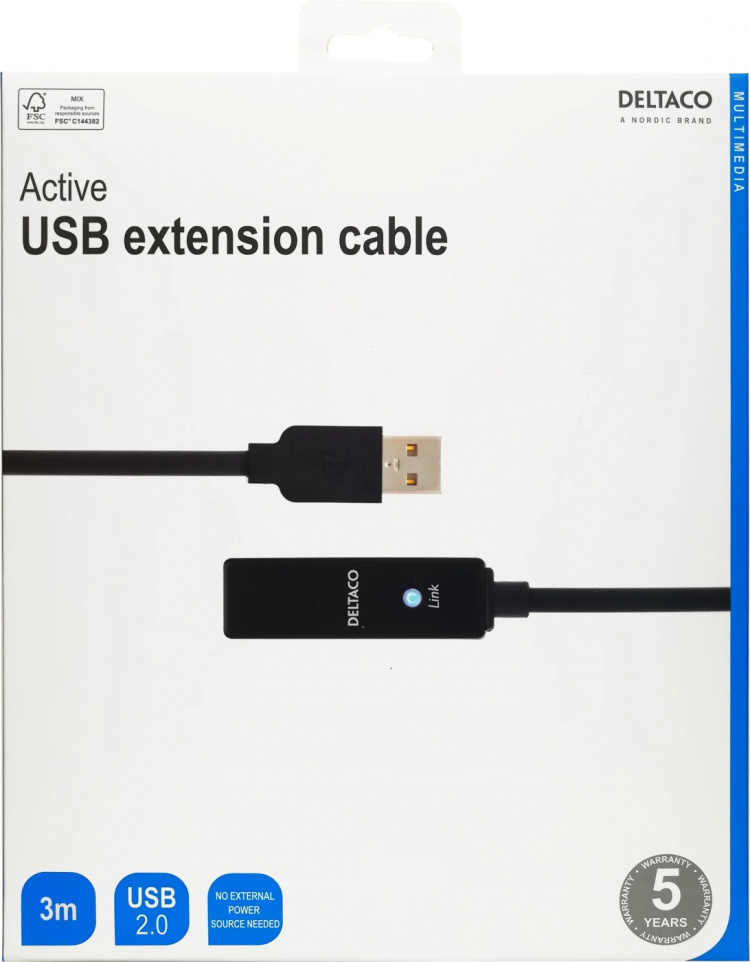 DELTACO PRIME USB förlängningskabel, aktiv, USB 2.0, 3m, svart (USB2-EX3M)