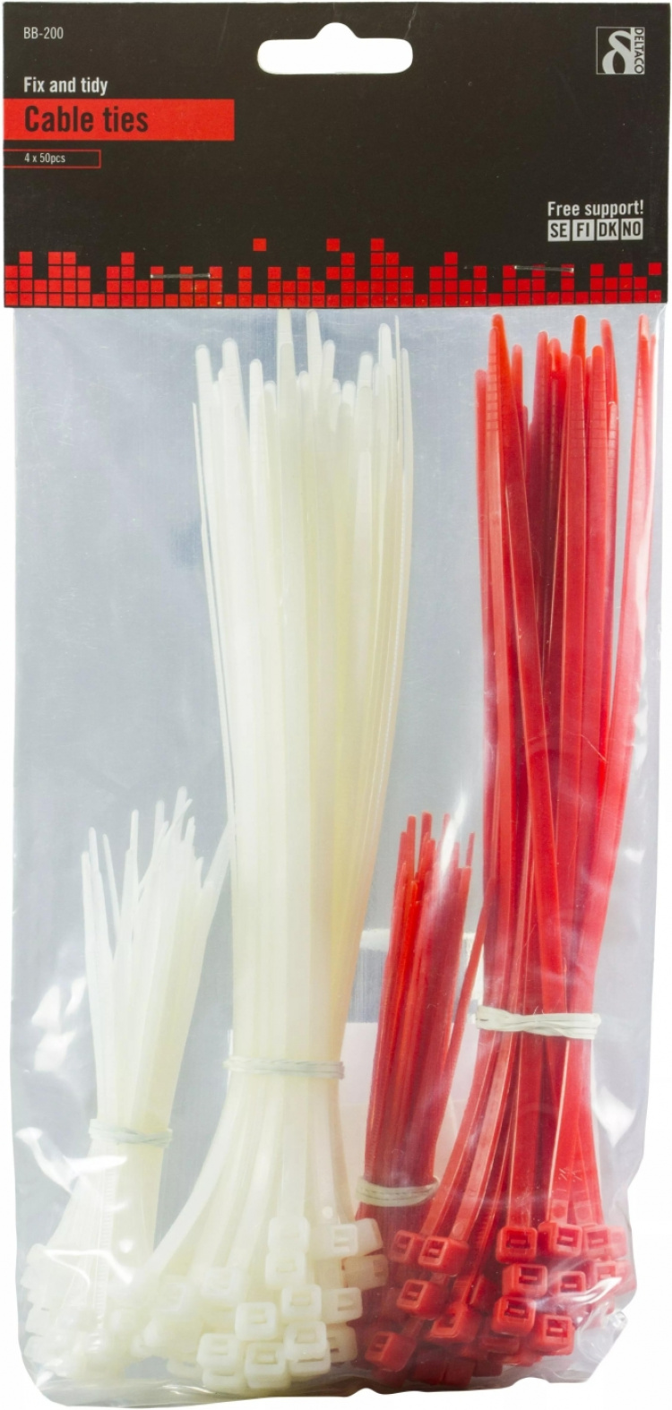 Deltaco buntband, 100mm & 200mm, 200-pack, röd/vit (BB-200) Deltaco buntband, 100mm & 200mm, 200-pack, röd/vit (BB-200)