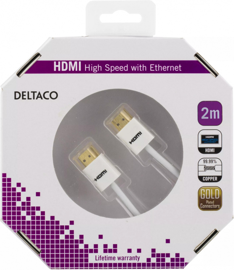 Deltaco tunn HDMI-kabel, 2m, vit blister (HDMI-1092A-K)