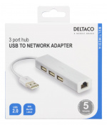 Deltaco USB 2.0 nätverksadapter med USB-hubb, 100Mbps, 3xUSB, vit (USB2-LAN3)