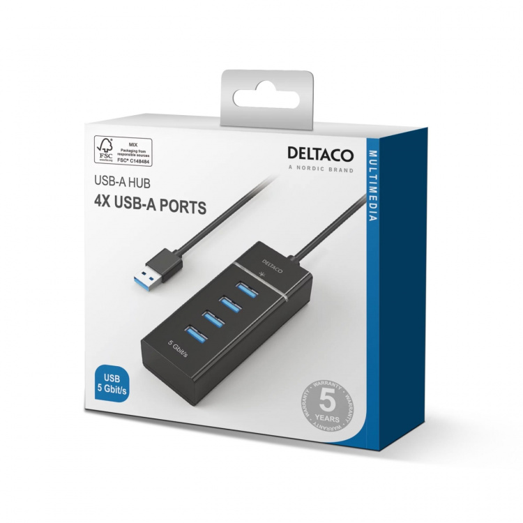 Deltaco USB 3.0 hubb, 4-portar, ABS-plast, svart (UH-475)