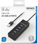 Deltaco USB 3.0 hubb, 4-portar, ABS-plast, svart (UH-475)