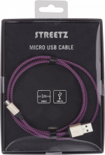 Streetz USB-kabel, Tygklädd, Typ A ha - Typ Micro B, 1m, lila (MICRO-118)