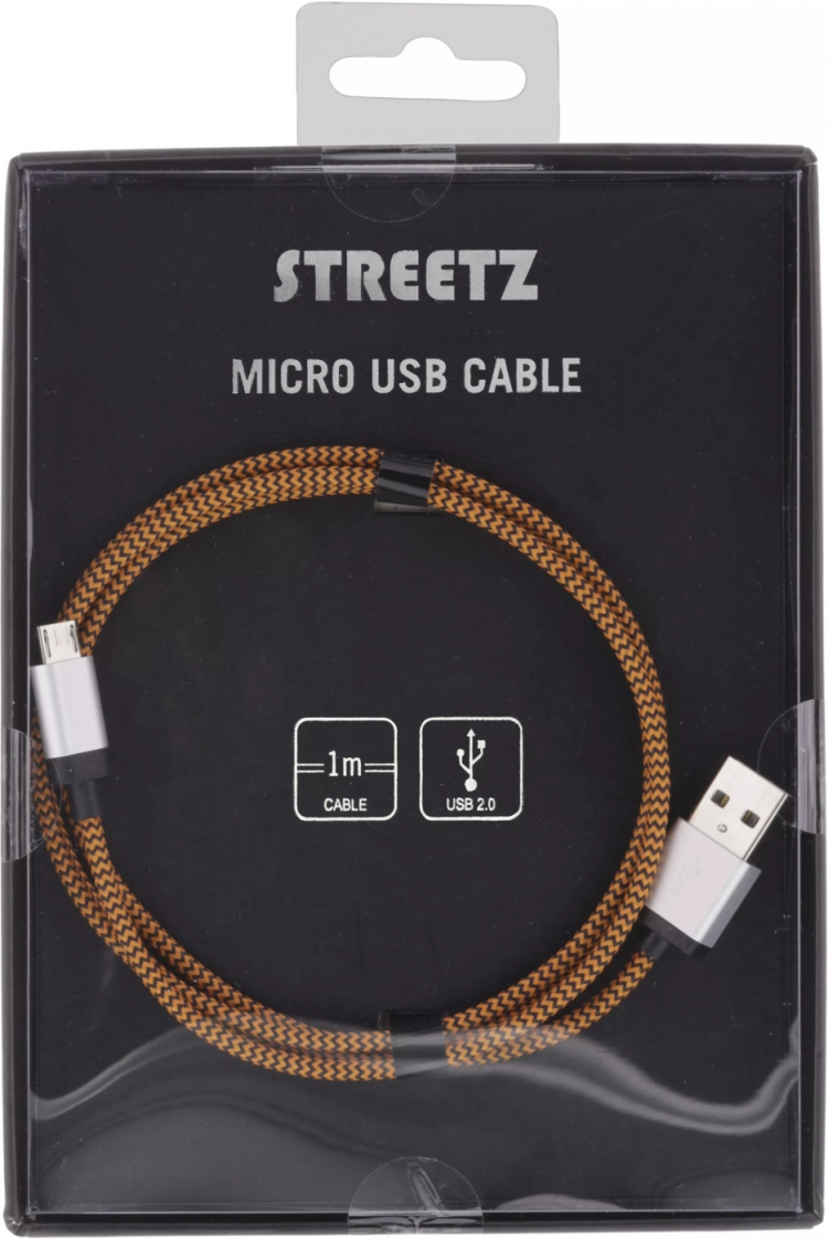 Streetz USB-kabel, Tygklädd, Typ A ha - Typ Micro B, 1m, orange (MICRO-116)