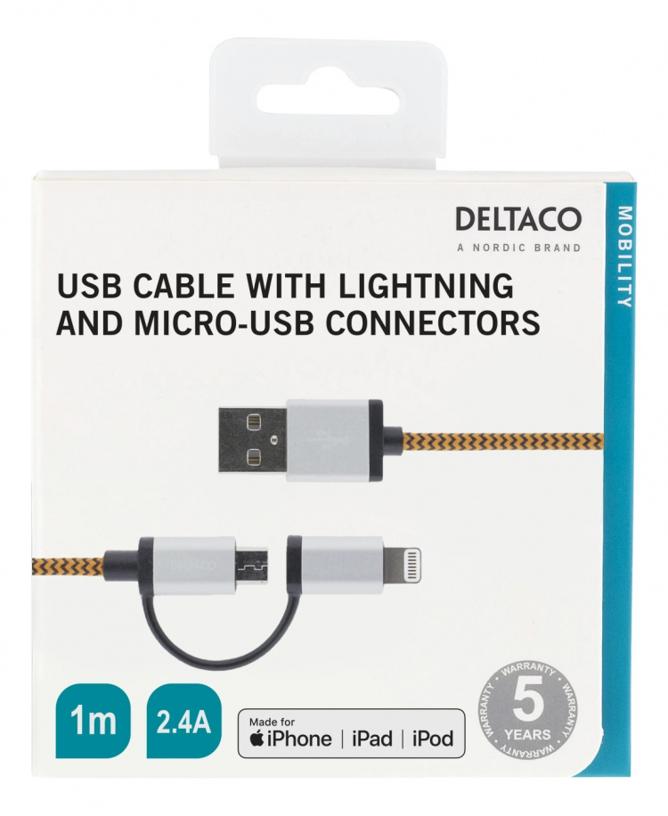 Streetz USB-kabel, USB Micro B ha och lightning ha, MFi, 1m, orange (IPLH-241)