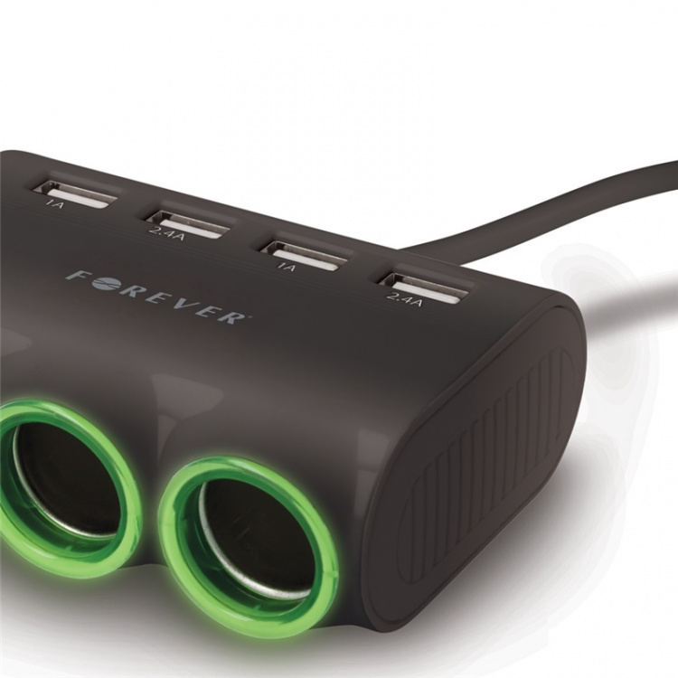 Forever Cigguttag-splitter 1 till 3 samt 4 x USB-portar Forever Cigguttag-splitter 1 till 3 samt 4 x USB-portar