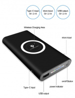 Powerbank 10000 mAh med trådlös laddning via Qi - Svart
