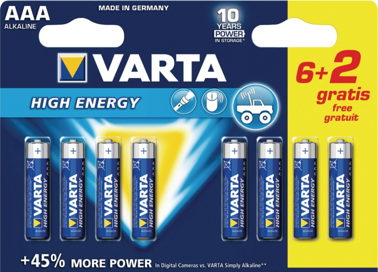 Varta Alkaliska Batterier AAA 1.5 V High Energy 8-PR Blister