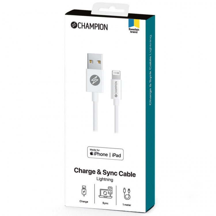 Champion USB-A till Lightning Kabel 1m Vit