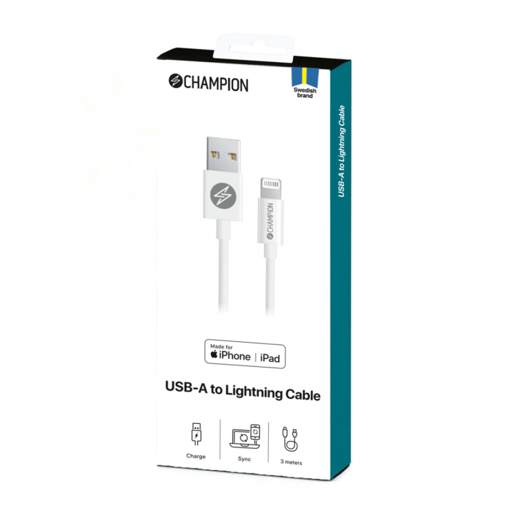 Champion USB-A till Lightning Kabel 3m Vit