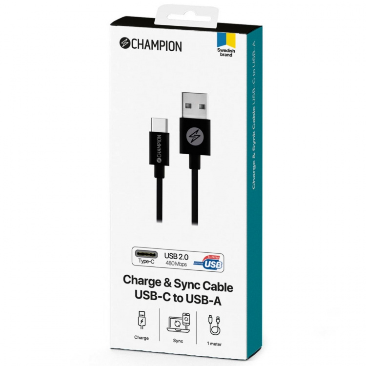 Champion USB-A till USB-C Kabel 1m Svart