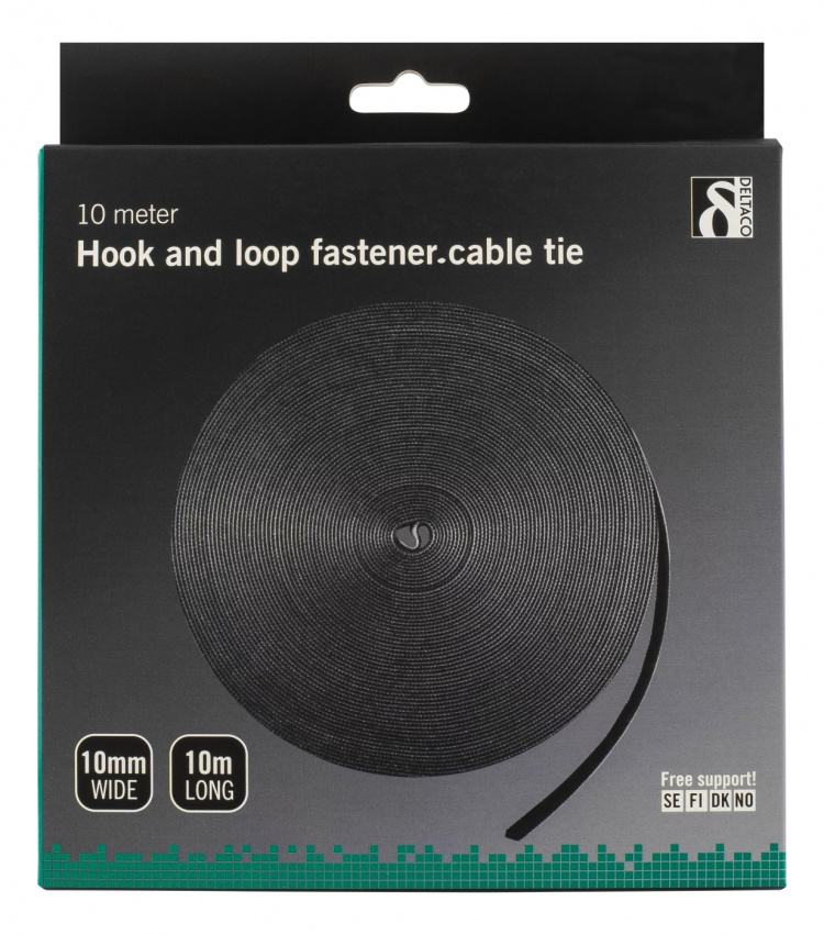 DELTACO kardborrband på rulle, bredd 9mm, 10m, svart