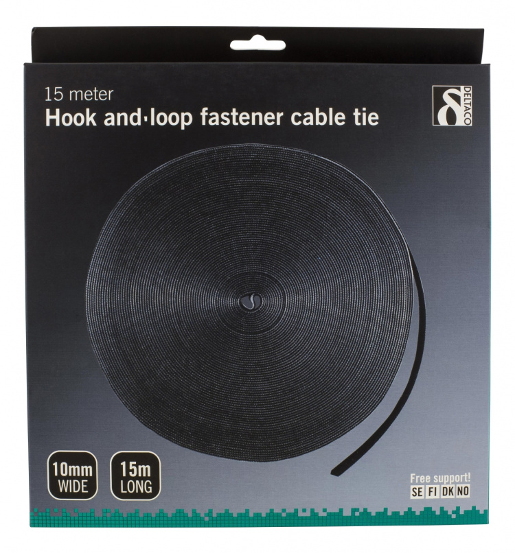 DELTACO kardborrband på rulle, bredd 10mm, 15m, svart