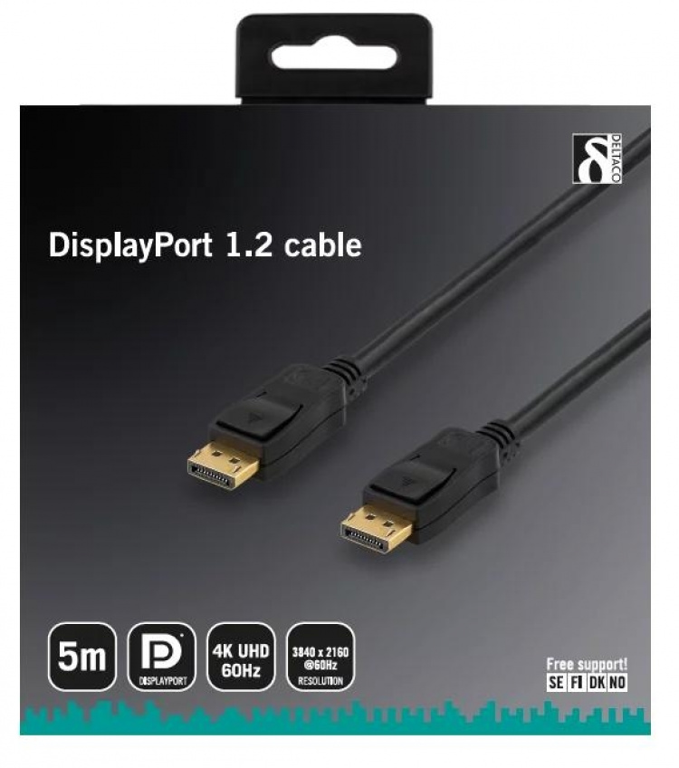 DELTACO DisplayPort monitorkabel, UltraHD i 60Hz, 5m, 20-pin ha - ha,