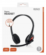 DELTACO headset, on-ear, 32 Ohm, 1x3,5mm 4-pin, 1,8m, svart/röd