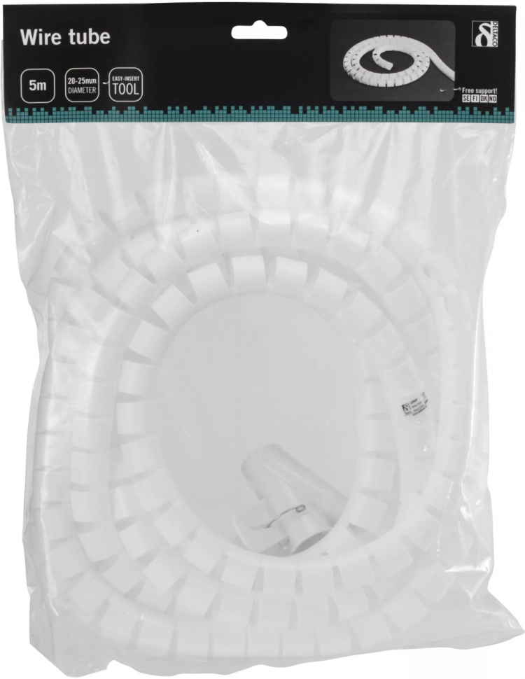 DELTACO Kabelslukare i nylon, 25mm diameter, verktyg ingår, 5m, vit