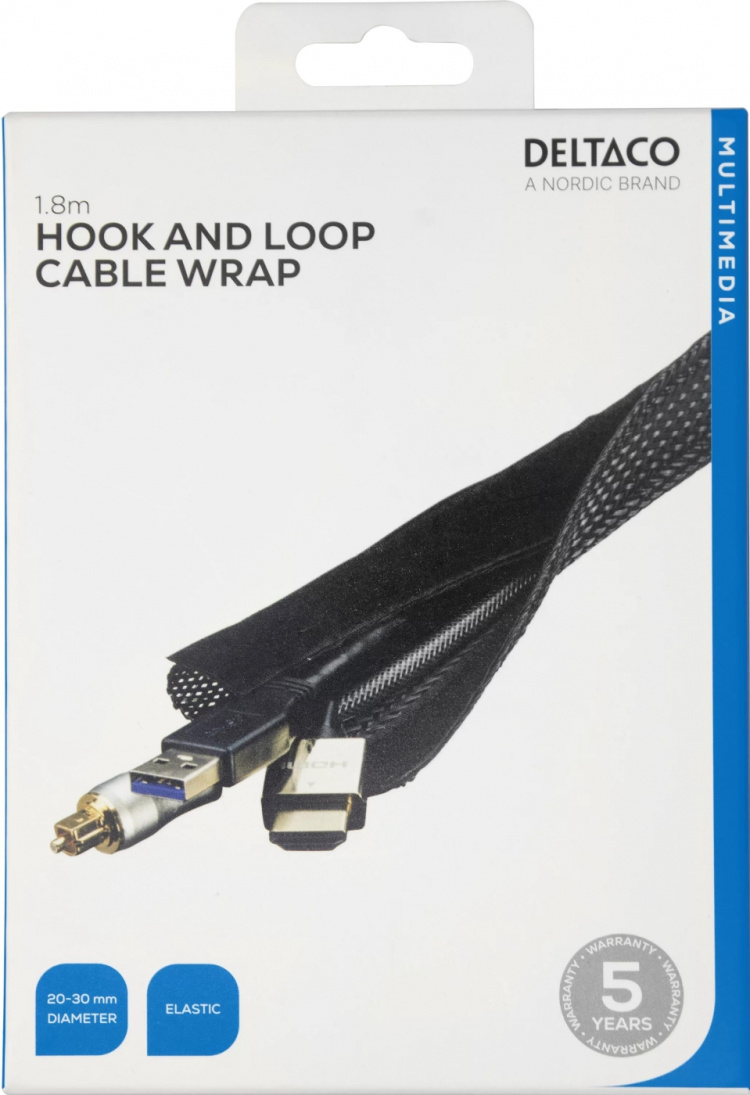 DELTACO Kabelsorteringsstrumpa i nylon, kardborrband, 1,8m, svart
