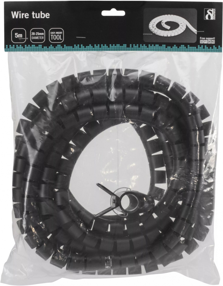 DELTACO Kabelslukare i nylon, 25mm diameter, verktyg ingår, 5m, svart