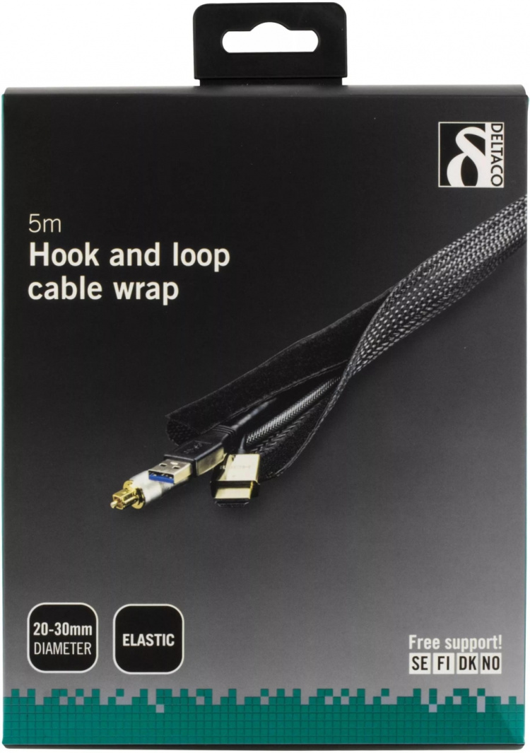 DELTACO kabelsorteringsstrumpa i nylon, kardborrband, 5m, svart